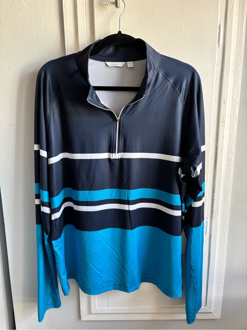 Lady Hagen Navy, Turquoise & White Striped Zip-Front Long Sleeve Top